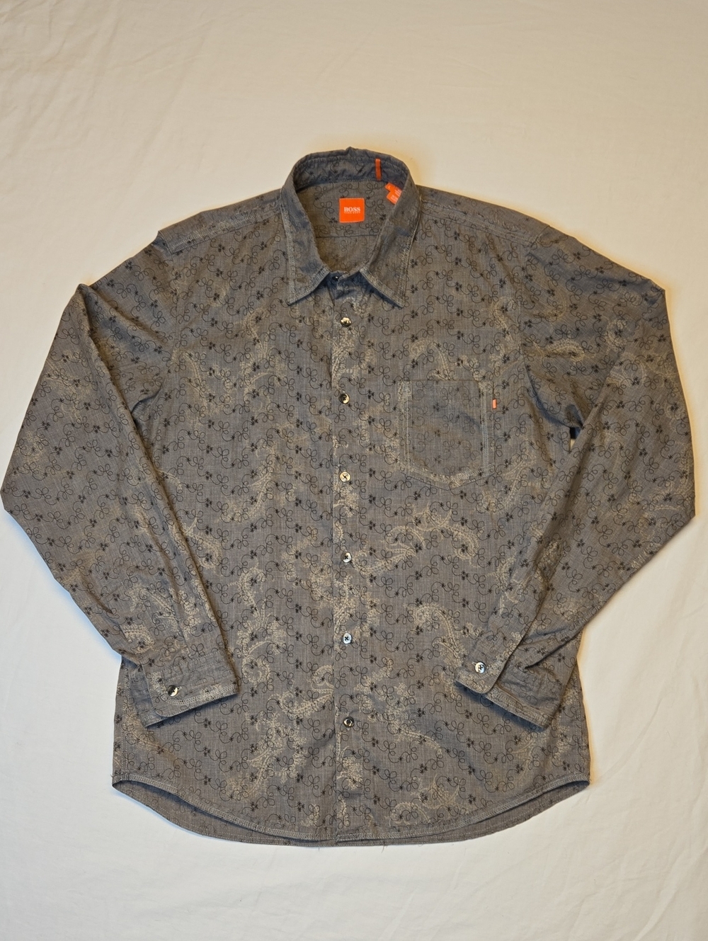 Hugo Boss Gray Distressed Paisley Long-Sleeve Button-Down Casual Dress Shirt